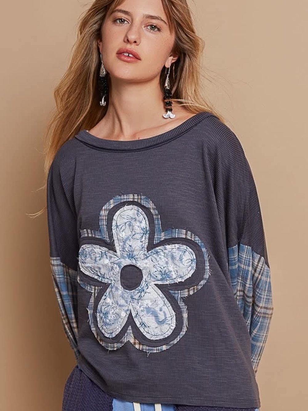 POL Blue Floral Patchwork Waffle-Knit Pullover